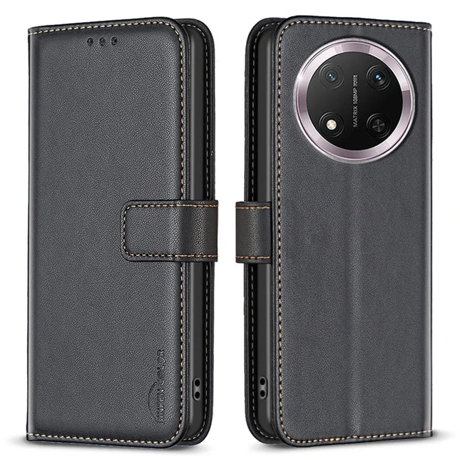 BINFEN COLOR BF17 For Honor Magic7 Lite 5G / X9c 5G / X60 Pro 5G Case Wallet Folio Flip Leather Cover - Black