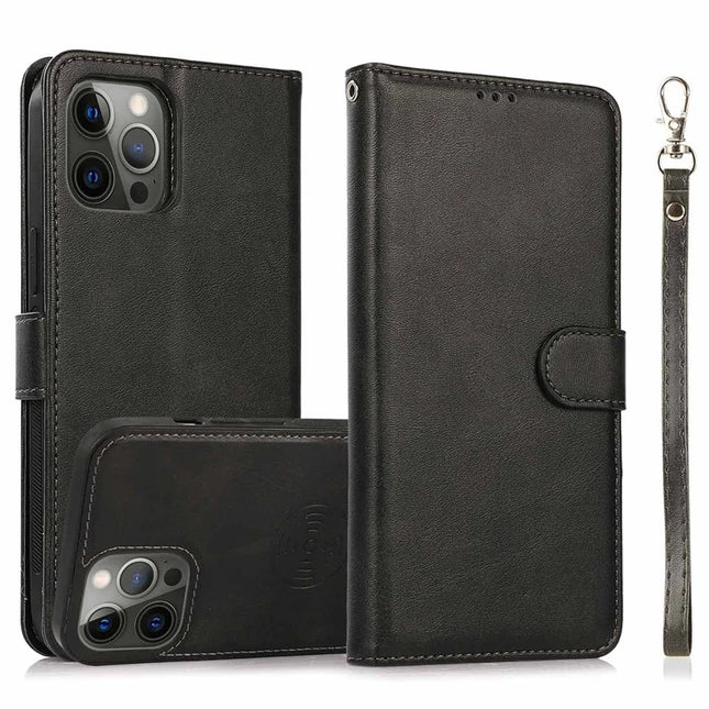 For iPhone 16 Pro Max Case Magnetic Detachable 2-in-1 Wallet Stand PU Leather Phone Cover - Black