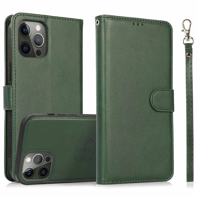 For iPhone 16 Pro Max Case Magnetic Detachable 2-in-1 Wallet Stand PU Leather Phone Cover - Green
