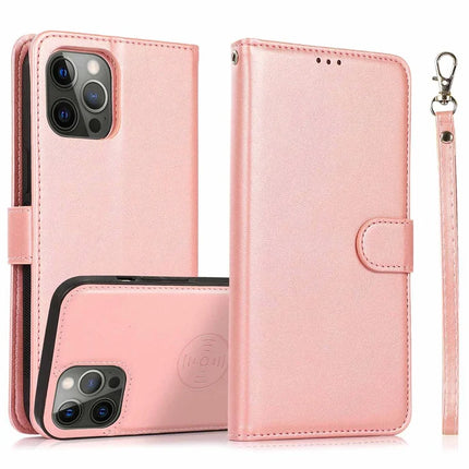 For iPhone 16 Pro Max Case Magnetic Detachable 2-in-1 Wallet Stand PU Leather Phone Cover - Rose Gold