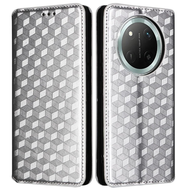 Wallet Case for Honor X9c 5G / Magic7 Lite 5G / X60 Pro 5G Rhombus Imprinted Leather Phone Cover - Silver