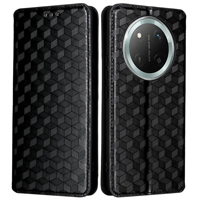 Wallet Case for Honor X9c 5G / Magic7 Lite 5G / X60 Pro 5G Rhombus Imprinted Leather Phone Cover - Black
