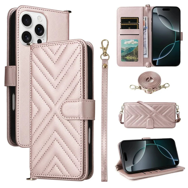 For iPhone 16 Pro Max Wallet Case with Shoulder Strap Leather Phone Cover - Pink