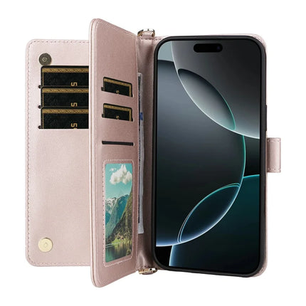 For iPhone 16 Pro Max Wallet Case with Shoulder Strap Leather Phone Cover