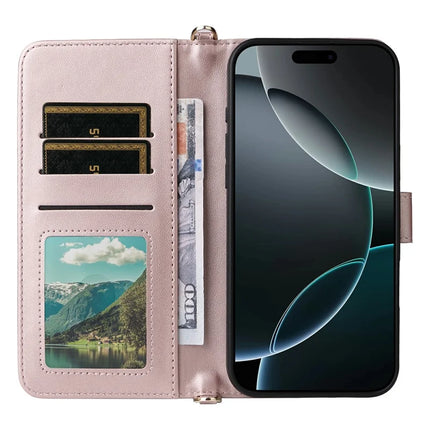 For iPhone 16 Pro Max Wallet Case with Shoulder Strap Leather Phone Cover