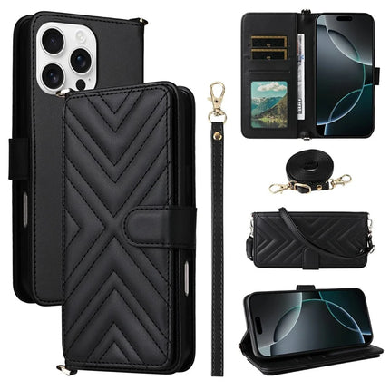 For iPhone 16 Pro Max Wallet Case with Shoulder Strap Leather Phone Cover - Black