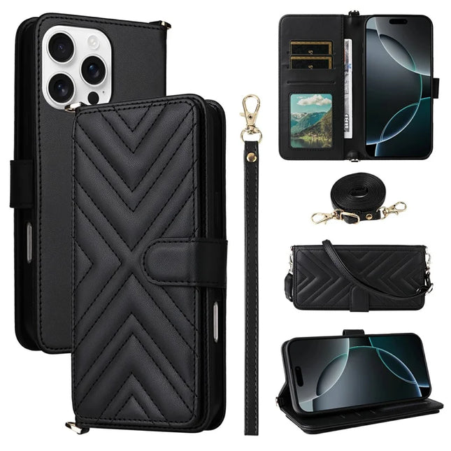 For iPhone 16 Pro Max Wallet Case with Shoulder Strap Leather Phone Cover - Black
