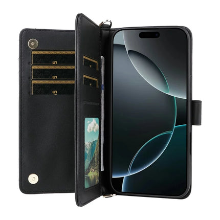 For iPhone 16 Pro Max Wallet Case with Shoulder Strap Leather Phone Cover