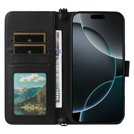 For iPhone 16 Pro Max Wallet Case with Shoulder Strap Leather Phone Cover