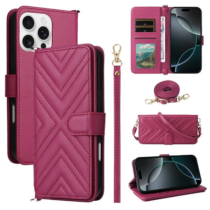 For iPhone 16 Pro Max Wallet Case with Shoulder Strap Leather Phone Cover - Rose
