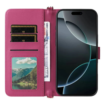 For iPhone 16 Pro Max Wallet Case with Shoulder Strap Leather Phone Cover