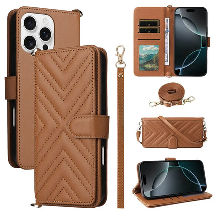 For iPhone 16 Pro Max Wallet Case with Shoulder Strap Leather Phone Cover - Brown