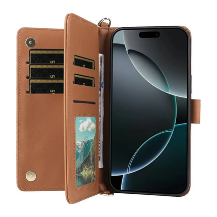 For iPhone 16 Pro Max Wallet Case with Shoulder Strap Leather Phone Cover