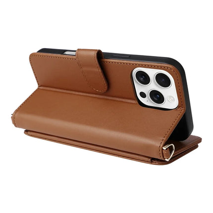 For iPhone 16 Pro Max Wallet Case with Shoulder Strap Leather Phone Cover