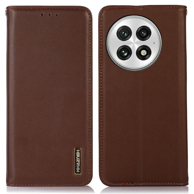 KHAZNEH For OnePlus 13 Case Genuine Cow Leather Wallet Phone Cover Nappa Texture - Brown