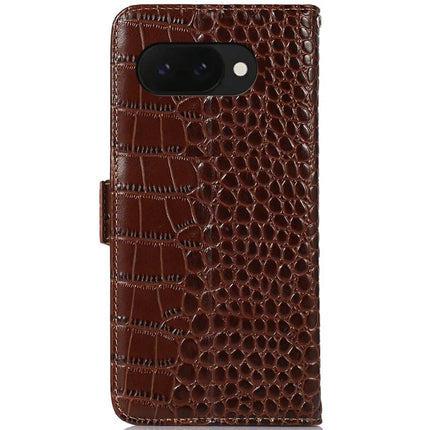 For Google Pixel 9a Case Crocodile Texture Genuine Cow Leather Phone Wallet Cover