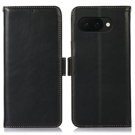 For Google Pixel 9a Case RFID Blocking Genuine Cow Leather Wallet Phone Cover - Black