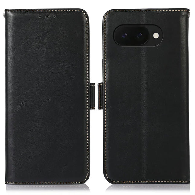 For Google Pixel 9a Case RFID Blocking Genuine Cow Leather Wallet Phone Cover - Black