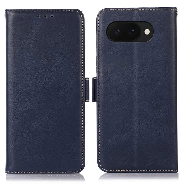 For Google Pixel 9a Case RFID Blocking Genuine Cow Leather Wallet Phone Cover - Blue