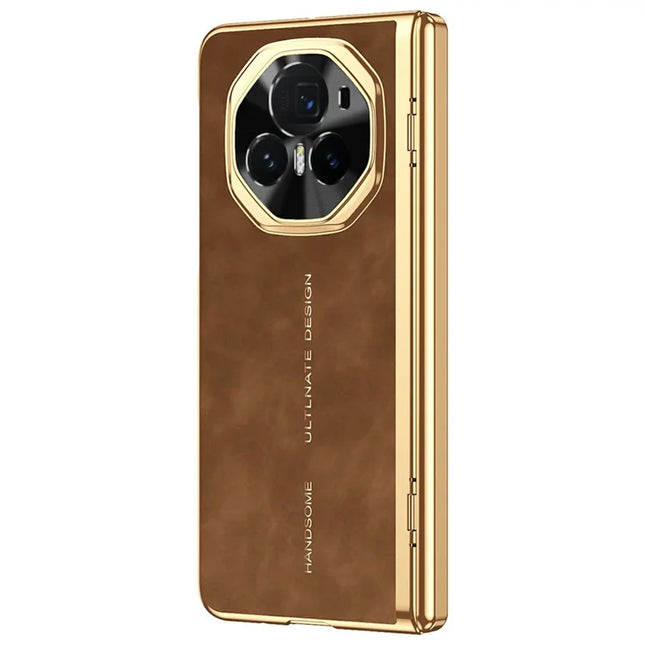 For Honor Magic V3 5G Phone Case with Tempered Glass Film Electroplating Leather+PC Mobile Cover - Brown