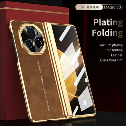 For Honor Magic V3 5G Phone Case with Tempered Glass Film Electroplating Leather+PC Mobile Cover