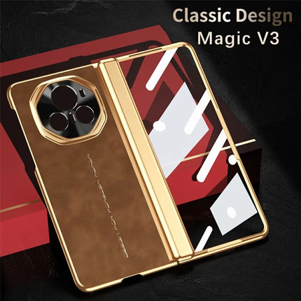 For Honor Magic V3 5G Phone Case with Tempered Glass Film Electroplating Leather+PC Mobile Cover