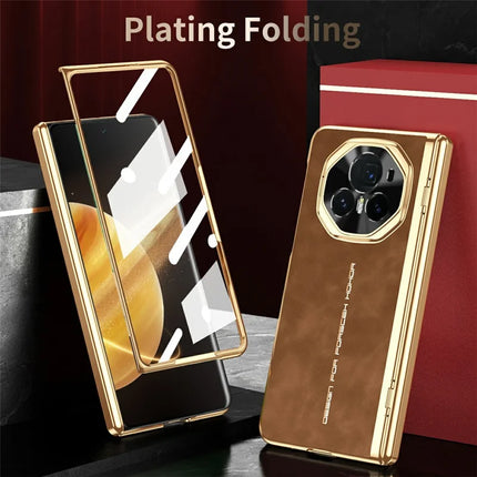 For Honor Magic V3 5G Phone Case with Tempered Glass Film Electroplating Leather+PC Mobile Cover