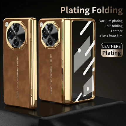 For Oppo Find N3 5G Phone Case with Tempered Glass Film Electroplating Leather+PC Mobile Cover