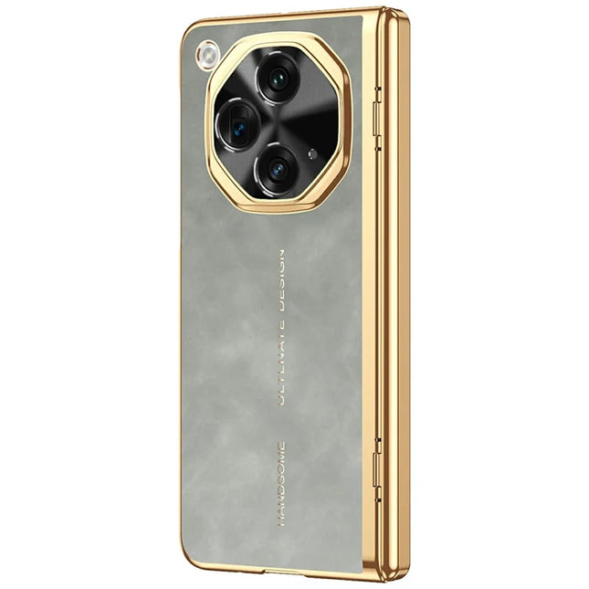 For Oppo Find N3 5G Phone Case with Tempered Glass Film Electroplating Leather+PC Mobile Cover - Grey