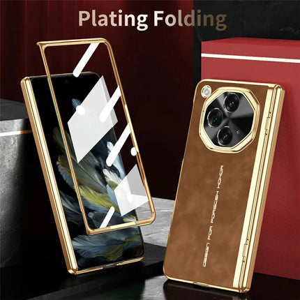 For Oppo Find N3 5G Phone Case with Tempered Glass Film Electroplating Leather+PC Mobile Cover