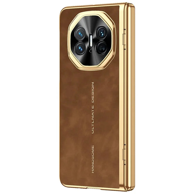 For Huawei Mate X5 Phone Case with Tempered Glass Film Electroplating Leather+PC Mobile Cover - Brown