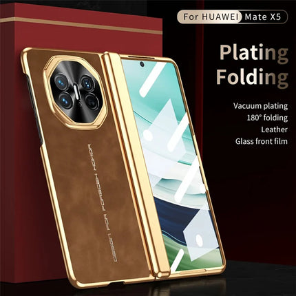 For Huawei Mate X5 Phone Case with Tempered Glass Film Electroplating Leather+PC Mobile Cover