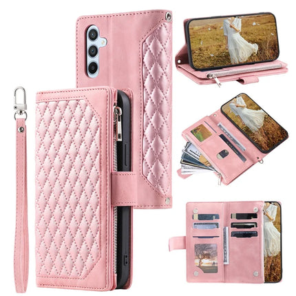 Style 005 For Samsung Galaxy A56 5G Wallet Case Rhombus Stitching Line PU Leather Phone Cover - Rose Gold