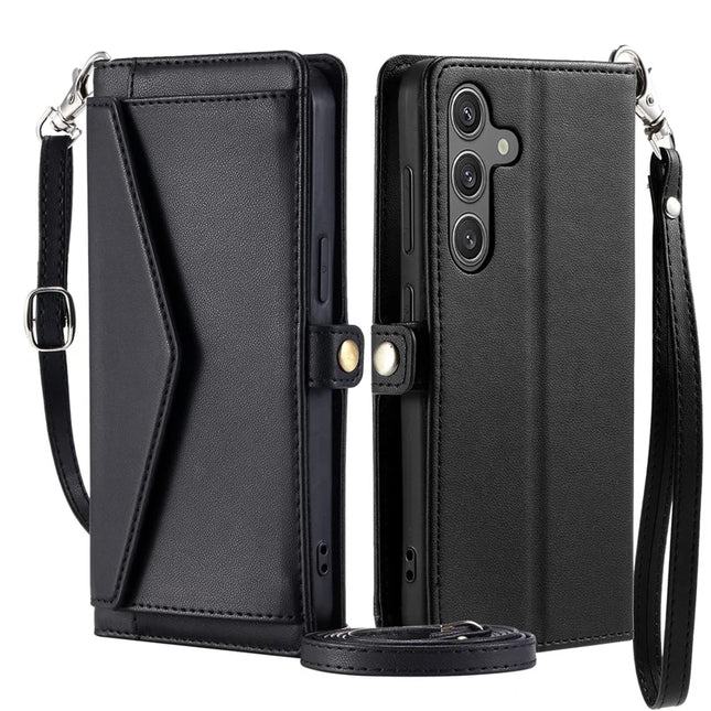 For Samsung Galaxy A56 5G Leather Case Wallet Stand Phone Cover with Straps - Black