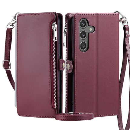 015 Style For Samsung Galaxy A56 5G Case TPU+PU Leather Wallet Phone Cover with Straps - Wine Red