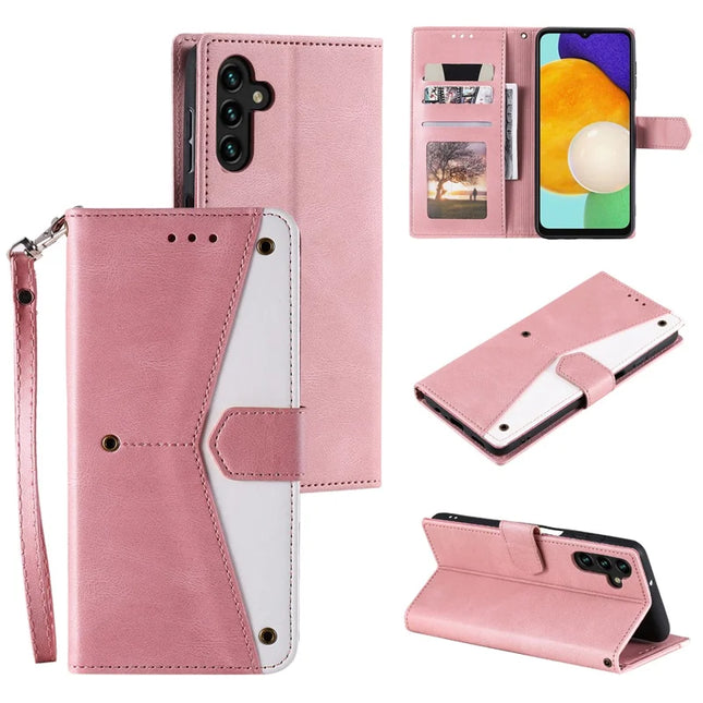 For Samsung Galaxy A56 5G Leather Case Splicing Stitching Wallet Stand Phone Cover with Strap - Rose Gold
