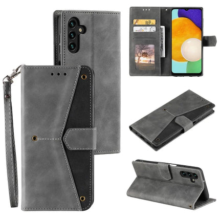 For Samsung Galaxy A56 5G Leather Case Splicing Stitching Wallet Stand Phone Cover with Strap - Grey