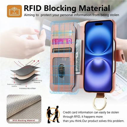 For iPhone 16 Case RFID Blocking Zipper Wallet PU Leather Mobile Cover