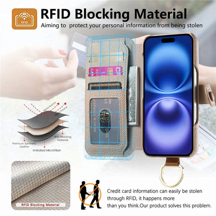 For iPhone 16 Case RFID Blocking Zipper Wallet PU Leather Mobile Cover
