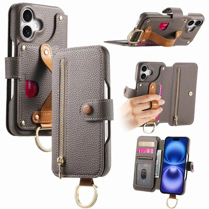 For iPhone 16 Case RFID Blocking Zipper Wallet PU Leather Mobile Cover - Grey