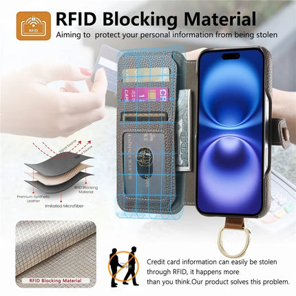 For iPhone 16 Case RFID Blocking Zipper Wallet PU Leather Mobile Cover