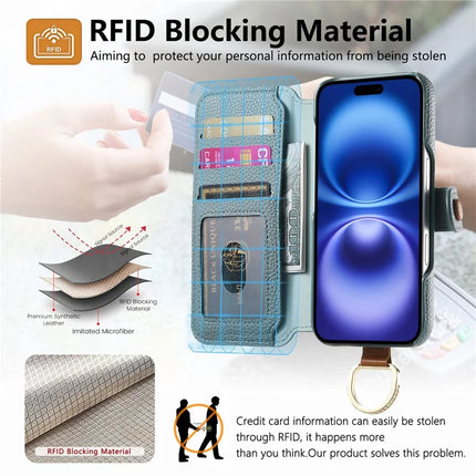 For iPhone 16 Case RFID Blocking Zipper Wallet PU Leather Mobile Cover