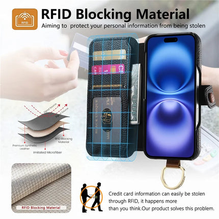 For iPhone 16 Case RFID Blocking Zipper Wallet PU Leather Mobile Cover