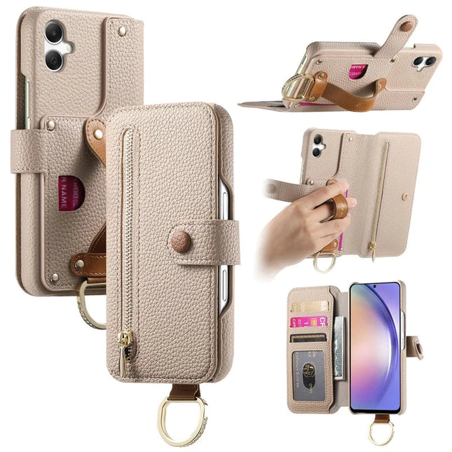 For Samsung Galaxy A05 4G Case RFID Blocking Zipper Wallet PU Leather Mobile Cover - Khaki