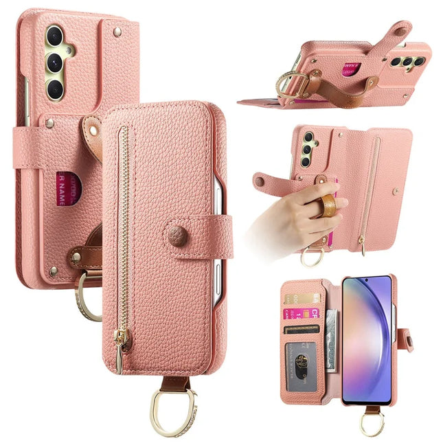For Samsung Galaxy A05s 4G Case RFID Blocking Zipper Wallet PU Leather Mobile Cover - Pink