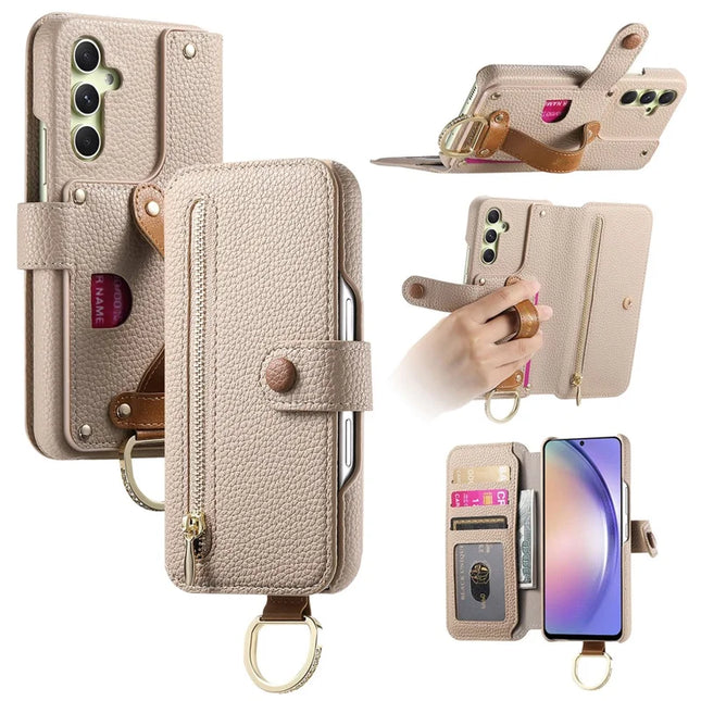 For Samsung Galaxy A05s 4G Case RFID Blocking Zipper Wallet PU Leather Mobile Cover - Khaki