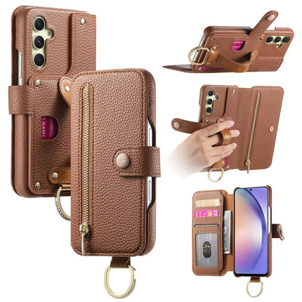 For Samsung Galaxy A05s 4G Case RFID Blocking Zipper Wallet PU Leather Mobile Cover - Brown