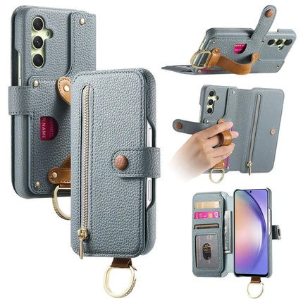 For Samsung Galaxy A14 4G / 5G Case RFID Blocking Zipper Wallet PU Leather Mobile Cover - Blue