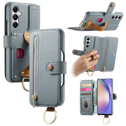 For Samsung Galaxy A35 5G Case RFID Blocking Zipper Wallet PU Leather Mobile Cover - Blue