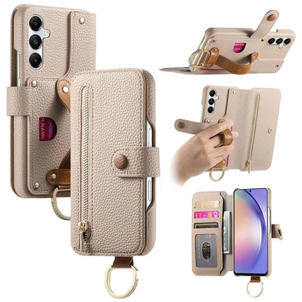 For Samsung Galaxy A55 5G Case RFID Blocking Zipper Wallet PU Leather Mobile Cover - Khaki